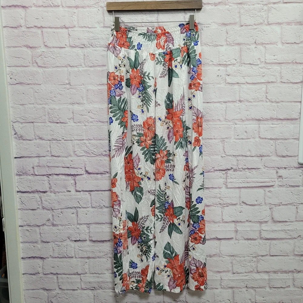 Uluwatu Floral High Slit Palazzo Pants L XL Smocked Wide Leg Tropical Resortwear
